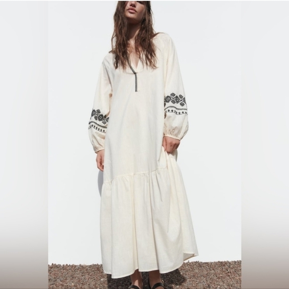 Zara New Ivory Black Embroidered Beaded Tassel Tie Flounce Maxi Dress SZ XXL - Picture 4 of 15